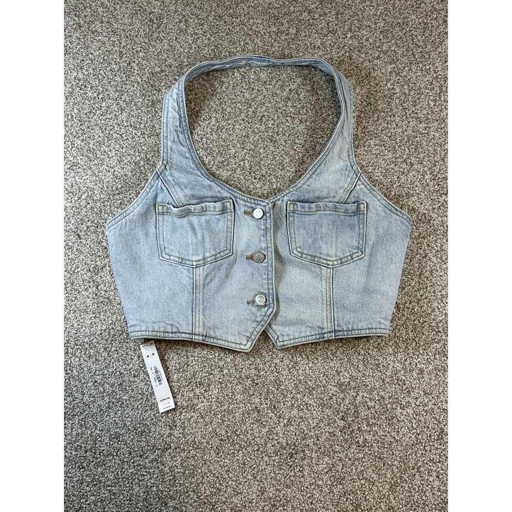 Light Wash Denim Halter Crop Top - Women